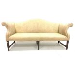 George III mahogany framed camel back three seat settee, upholstered in cream floral damask, raised