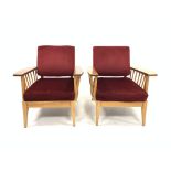 Vintage Pair of mid 20th century retro elm and beech open armchairs, with red velvet upholstered bac