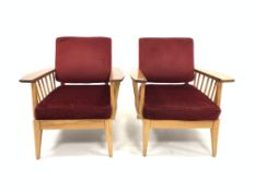 Vintage Pair of mid 20th century retro elm and beech open armchairs, with red velvet upholstered bac