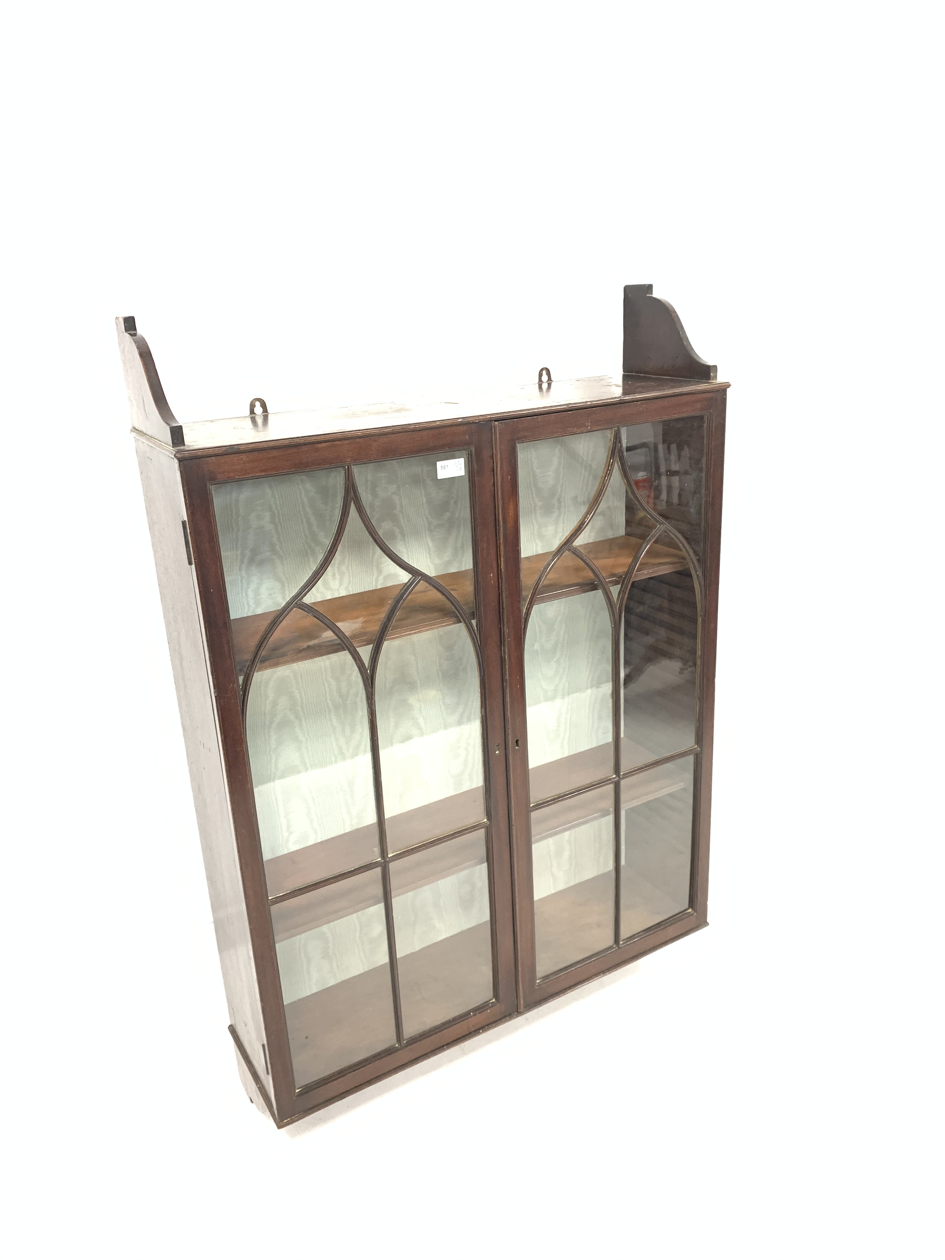 19th century mahogany wall hanging display cabinet, with Gothic arched tracery glazed doors enclosin - Image 3 of 3