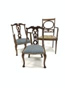 Edwardian walnut 'His and hers' pair of bedroom chairs with upholstered seat panels, (W50cm) togethe