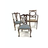 Edwardian walnut 'His and hers' pair of bedroom chairs with upholstered seat panels, (W50cm) togethe