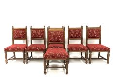 Set of six late Victorian oak Puginesque chairs, with carved and chamfered decoration, open back res