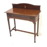 Edwardian mahogany side table, raised arched back inlaid with satinwood banding and floral swags, ov