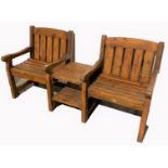 Pitch pine two seat garden bench with integral table to centre, W190cm