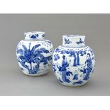 A Pair of Blue and White 'Figure' Jars with Covers, Kangxi Period, Qing Dyansty