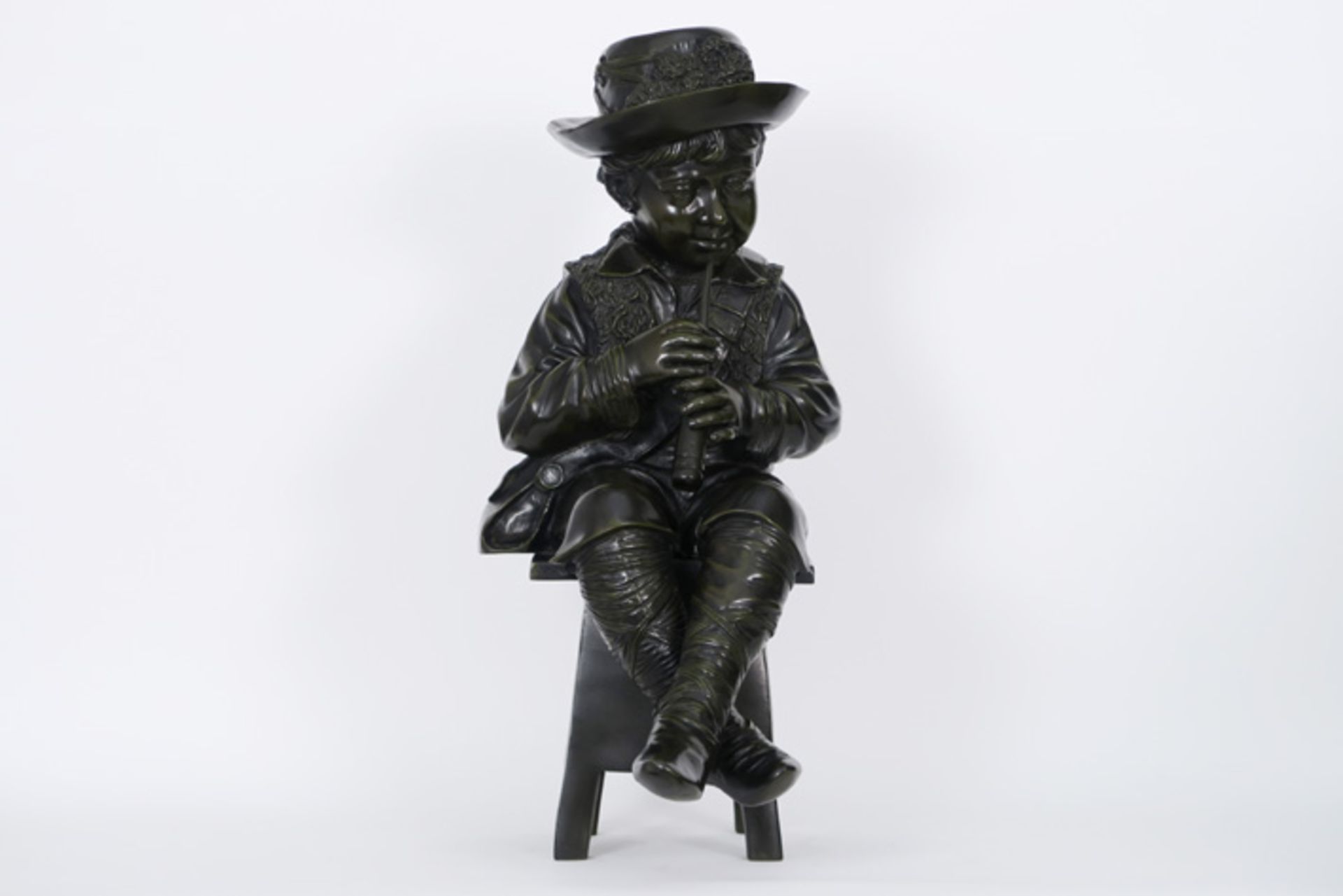 VALTON sculptuur in brons : "Fluitspelend jongetje" - hoogte : 69 cm getekend - [...] - Image 3 of 6
