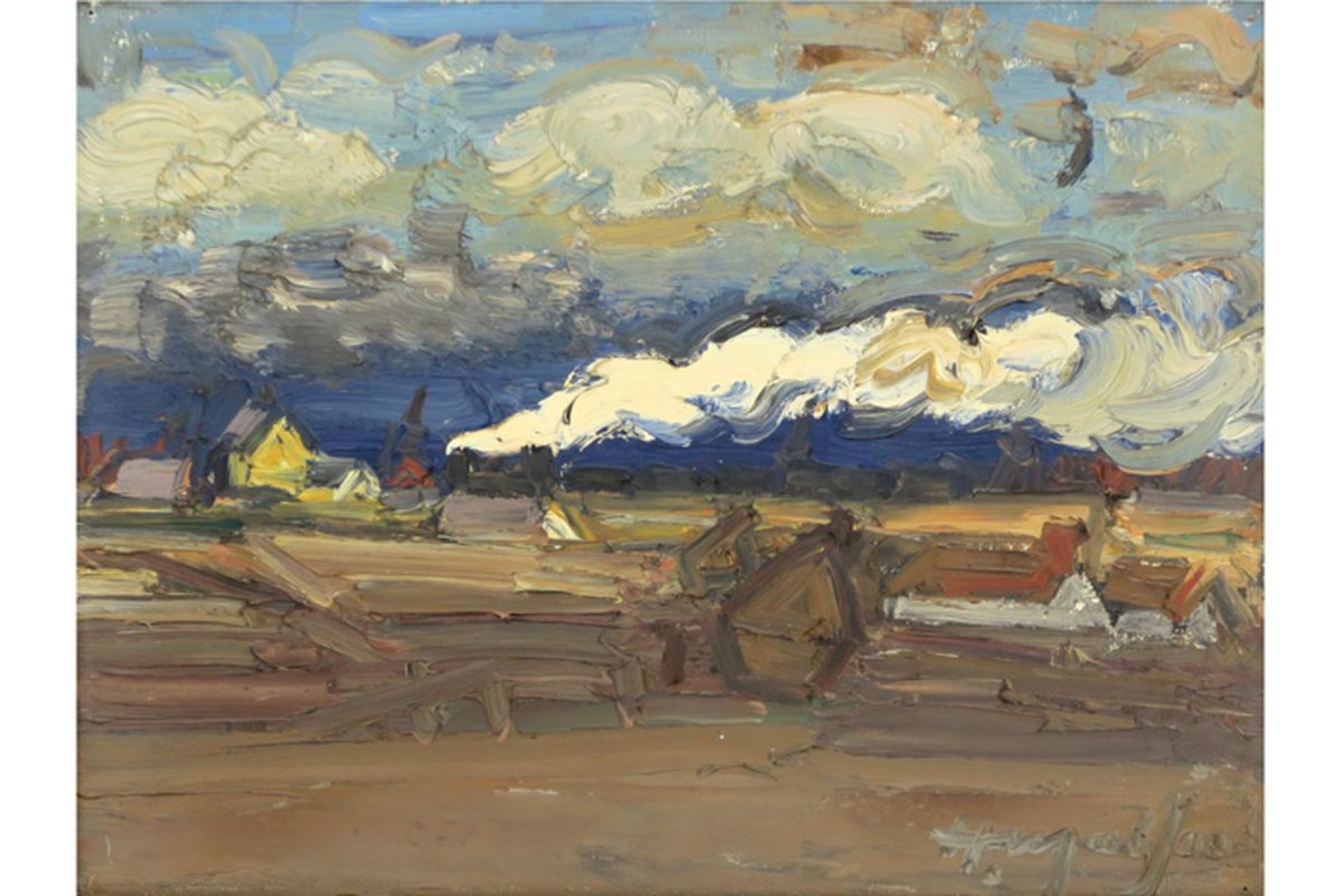 MALFAIT HUBERT (1898 - 1971) olieverfschilderij op doek : "Landschap met hooimijten [...] - Bild 2 aus 4