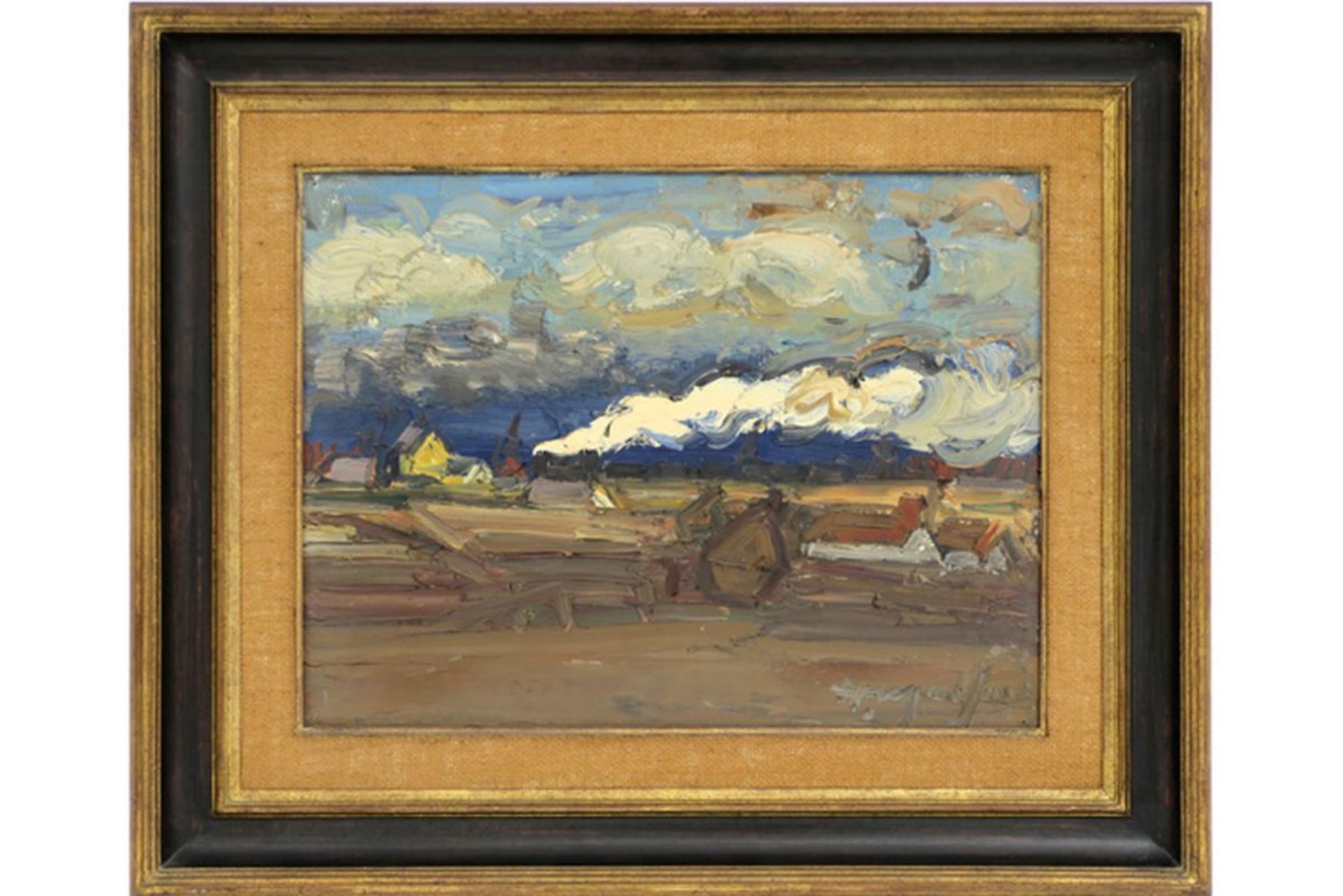 MALFAIT HUBERT (1898 - 1971) olieverfschilderij op doek : "Landschap met hooimijten [...]