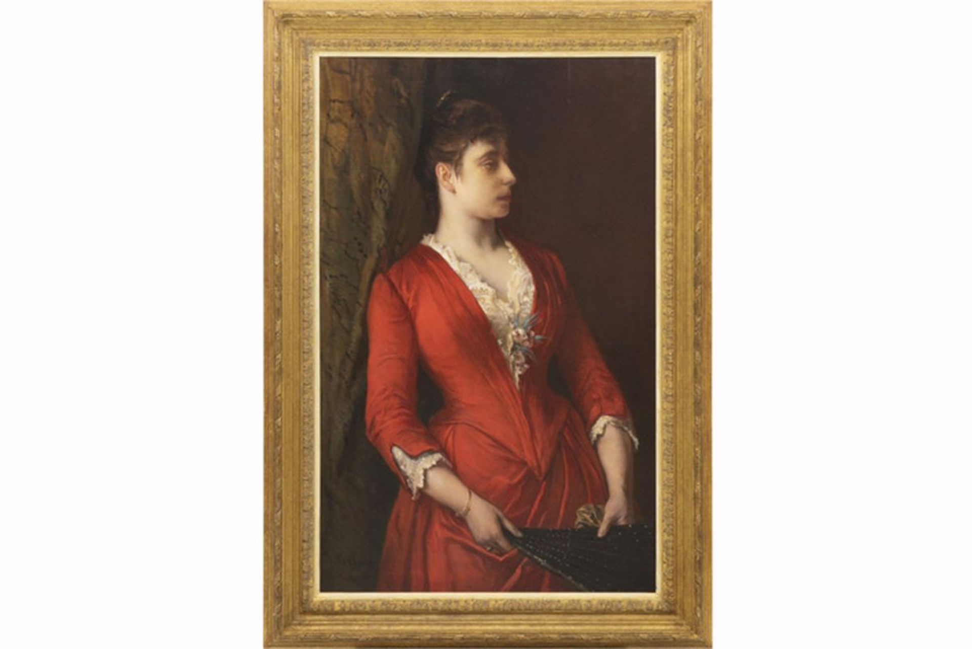 PORTAELS JEAN FRANÇOIS (1810 - 1895) olieverfschilderij op doek : "Vrouw in rood [...]