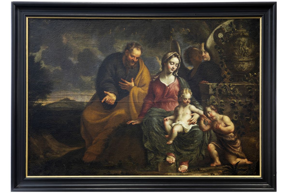 17th Cent. Flemish "Holy Family with St John" oil on canvas inspired by Pieter Van [...]