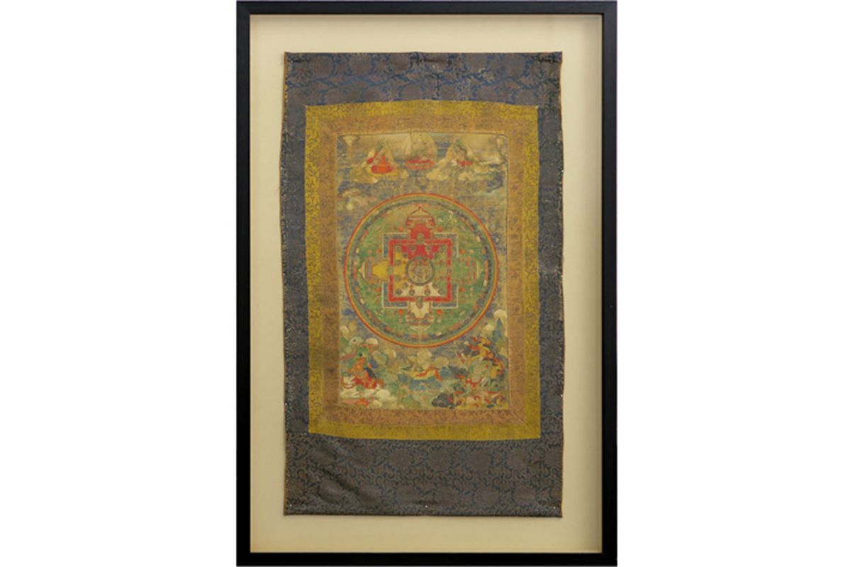 antique Tibetan tangka with the representation of the four doors of the celestial [...]