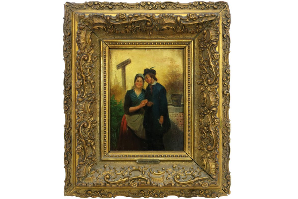 19th Cent. Belgian "To Love" titled oil on panel (mahogany) attributed to Ferdinand [...]