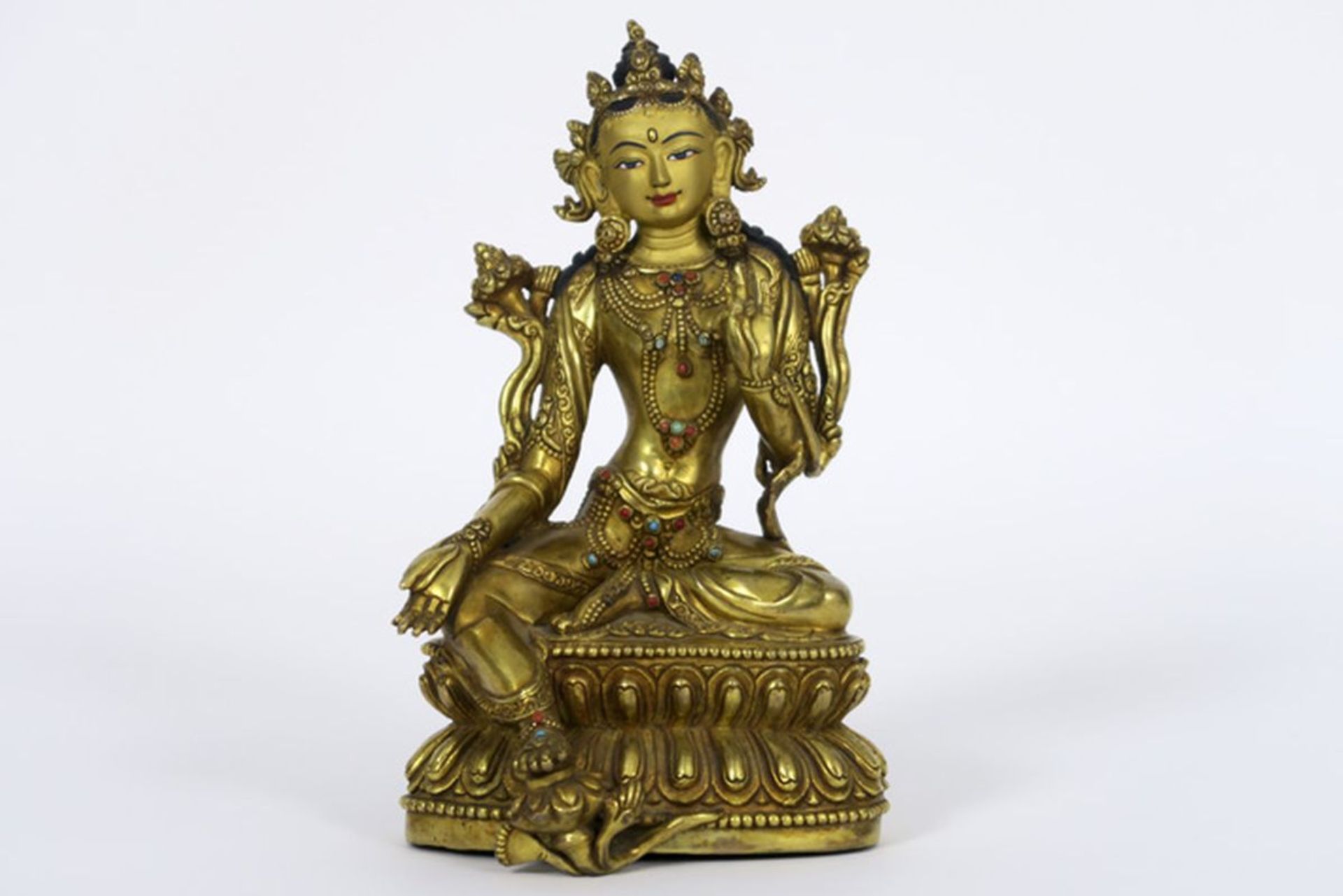 antique Tibetan or Nepalese "Tara" sculpture in bronze with polychromed face and with [...]