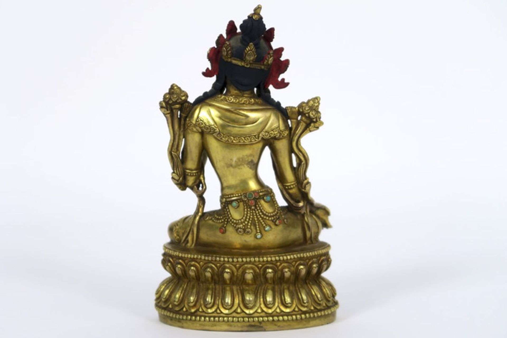 antique Tibetan or Nepalese "Tara" sculpture in bronze with polychromed face and with [...] - Image 3 of 4