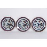 series of three 18th Cent. Chinese plates in porcelain with polychrome garden-decor [...]