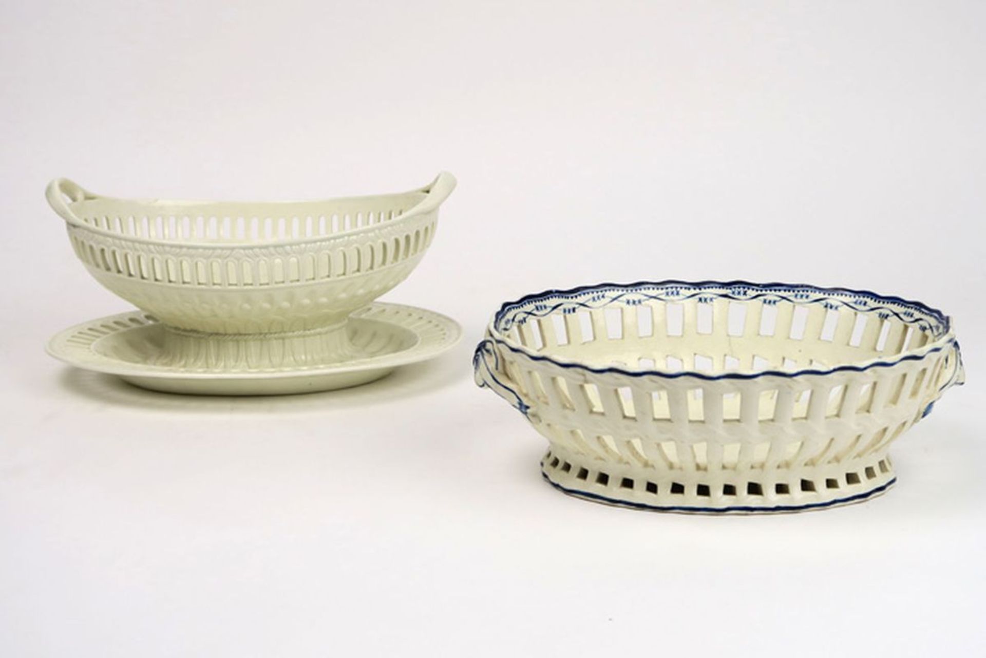 two antique ceramic baskets, one with dish marked Wegdwood and an 18th Cent. one [...]