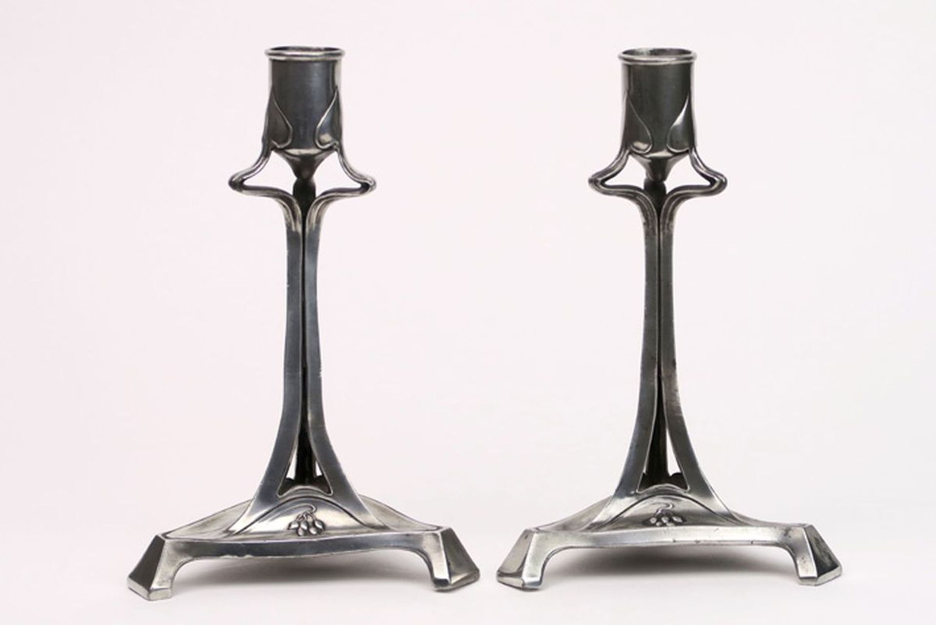 pair of illegibly marked French Art Nouveau candlesticks with whiplash ornamentation [...] - Image 2 of 2