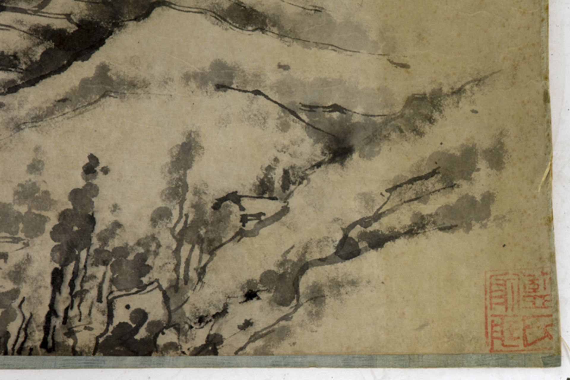 early 20th Cent. Chinese scroll black landscape painting - with text and stamps - [...] - Image 2 of 3