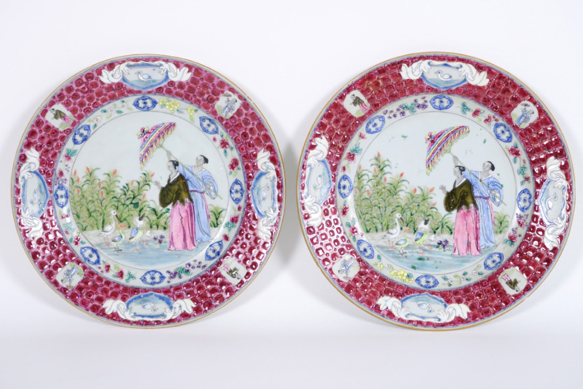 rare pair of 18th Cent. Chinese plates in porcelain with a rich polychrome "Cornelis [...]