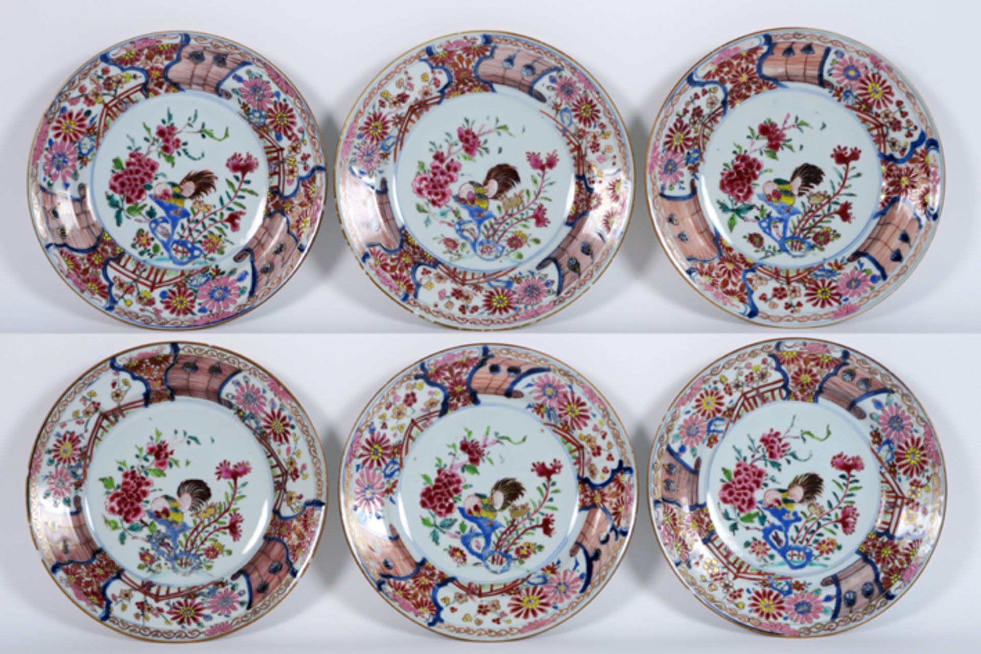 set of six 18th Cent. Chinese plates in porcelain with 'Famille Rose' decor - - [...]