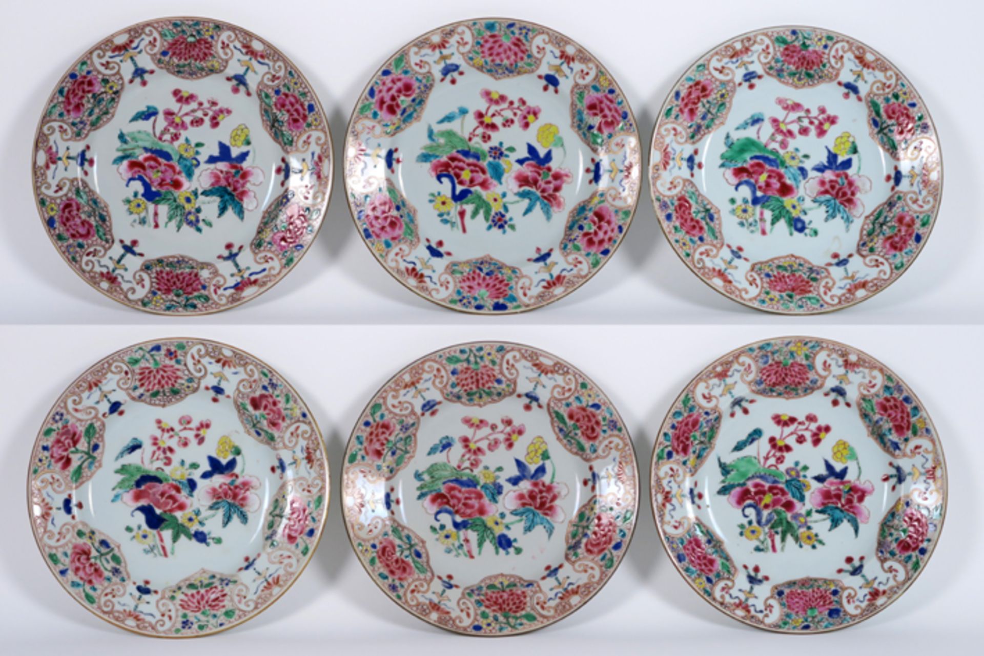 set of six 18th Cent. Chinese plates in porcelain with 'Famille Rose' decor with cock [...]