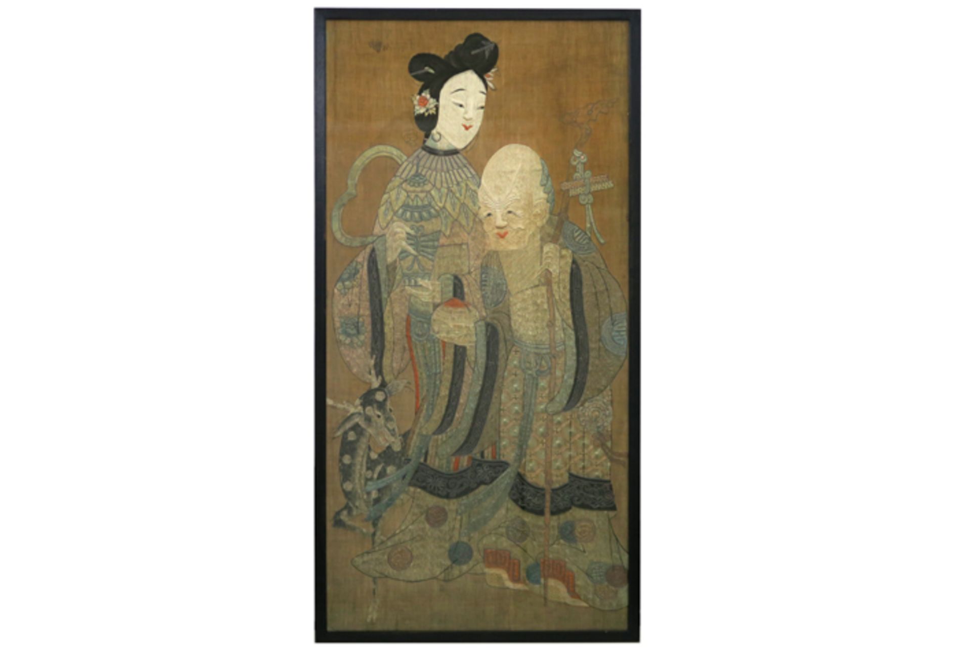 antique Chinese Qing dynasty "Court Lady and Sage" embroidery in silk - framed - - [...]