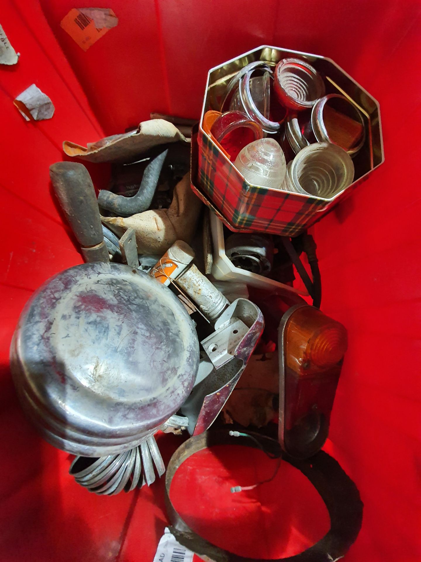 CONTAINER OF VINTAGE CAR LIGHTS AND ACCESSORIES