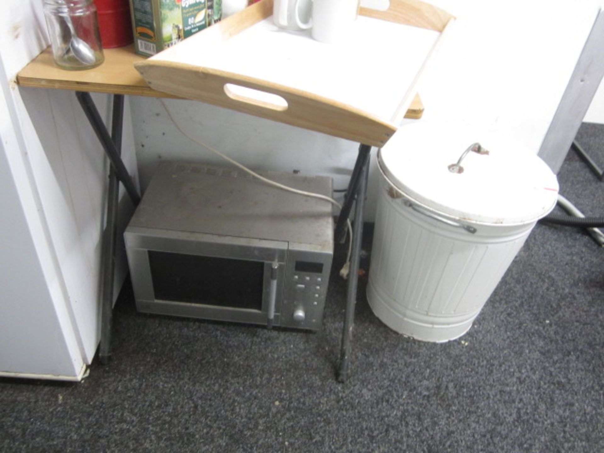 Unnamed microwave, Beko undercounter fridge, 4 x collapsible side tables, waste bin - Image 2 of 4