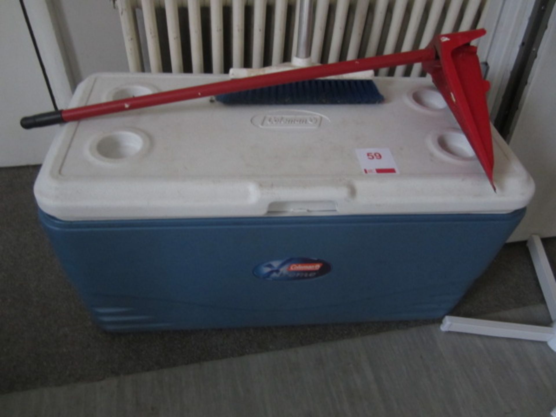 Colemans Xtreme ice box, 2 x folding tables, pedestal fan, dust pan and brush - Image 2 of 3