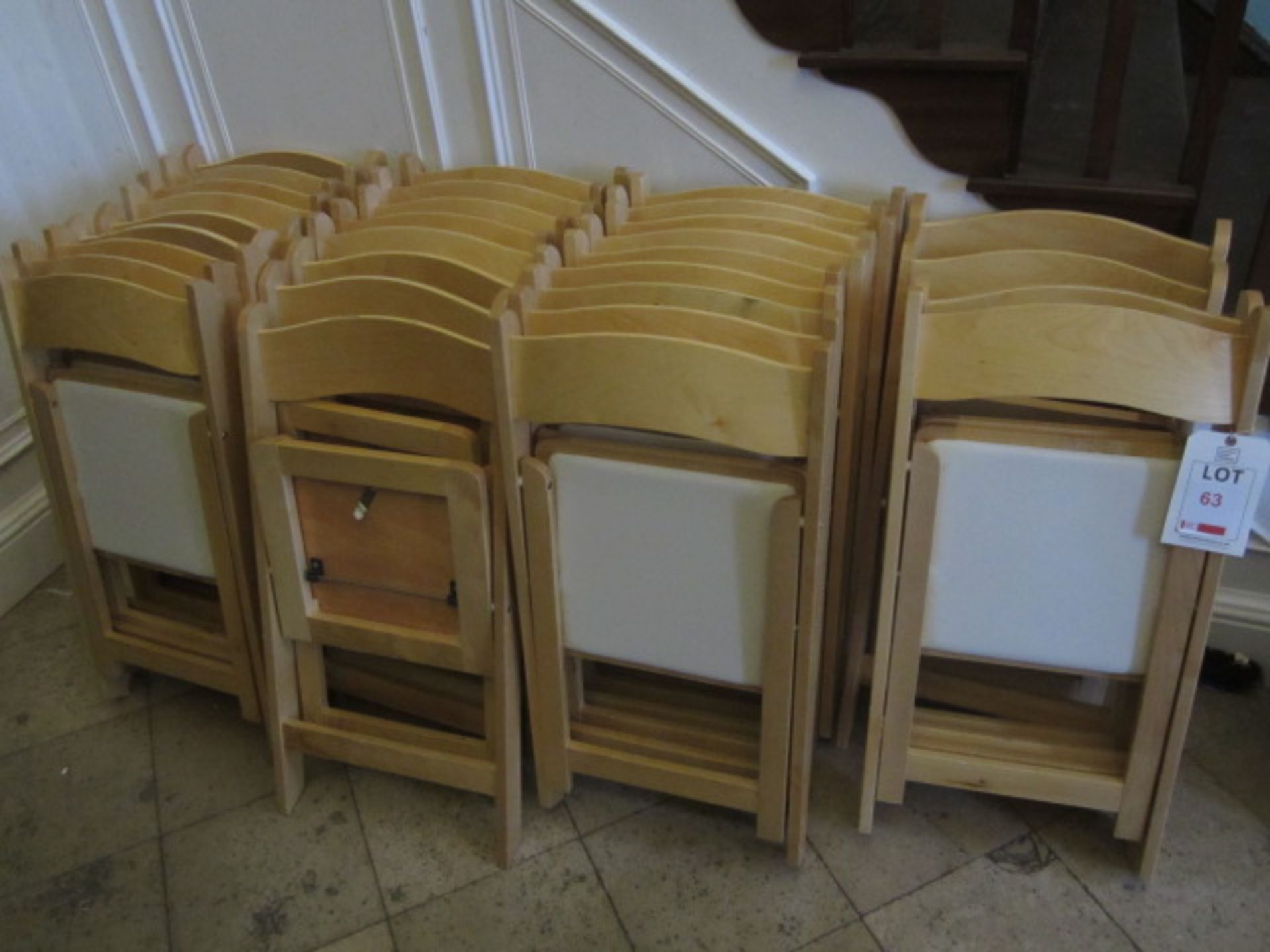 30 x folding lightwood dining chairs with leatherette seat cushions - Image 2 of 2