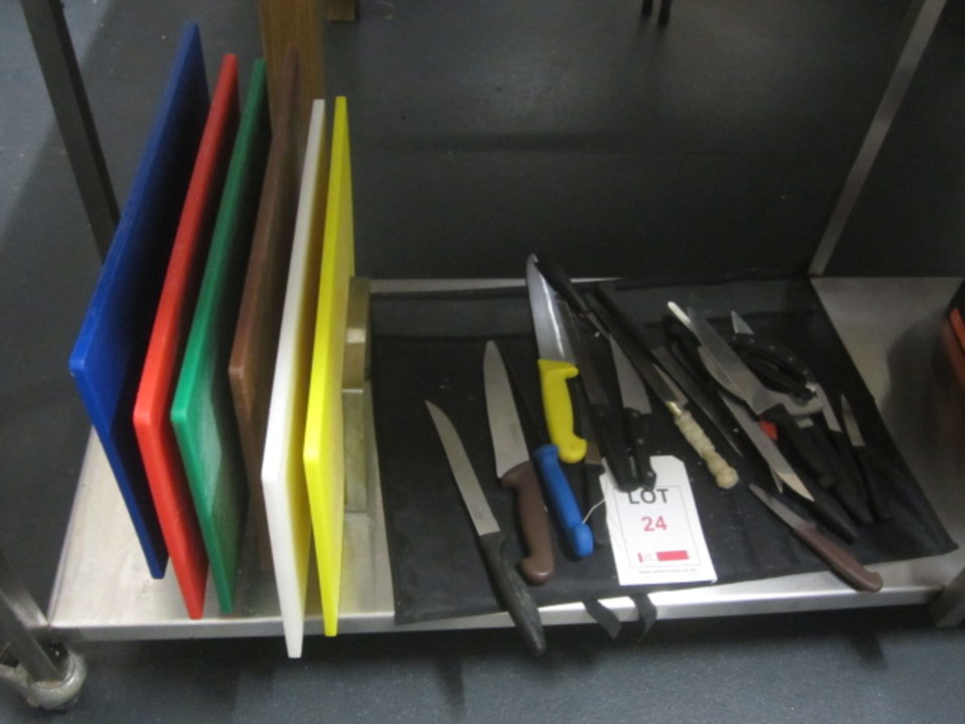 Quantity of assorted butchers knives and chopping boards (ID will be required for this item upon