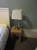 Timber framed open fronted wardrobe, 2 x timber frame bedside table, bedside lamp, fan, space