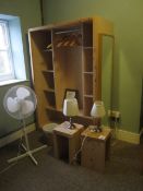 2 x timber frame bedside tables, timber framed open fronted wardrobe, 2 x bedside lamps, fan (room