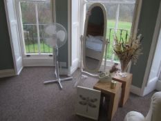 2 x timber frame bedside tables, mirror, pedestal fan, picture, vase and ornaments (room Myrddin)