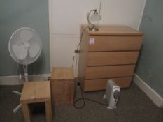 2 x timber frame bedside table, lightwood 4 drawer dresser, bedside lamp, fan, space heater (room