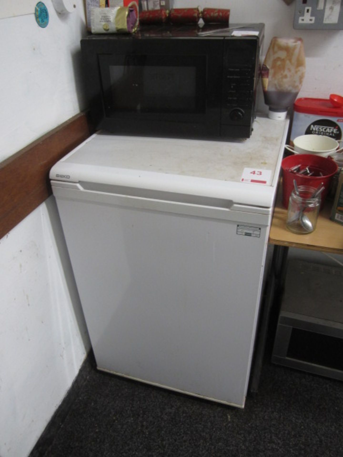 Unnamed microwave, Beko undercounter fridge, 4 x collapsible side tables, waste bin