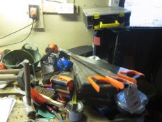 Quantity of assorted tools to include saws, drill, scythe, hedge cutters, levels, etc.