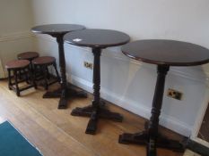 3 x darkwood timber frame bar tables, dia: 680mm, 3 x darkwood bar stools