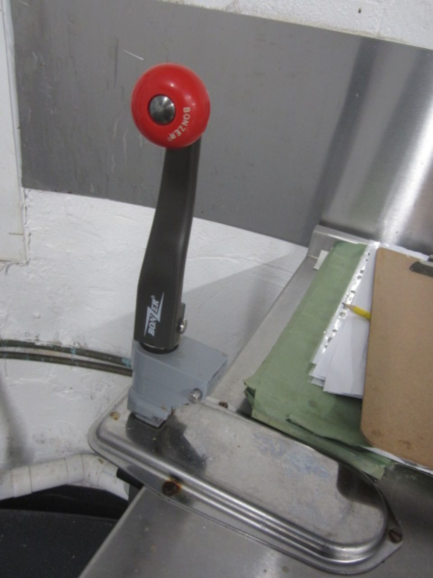Stainless steel food preparation work surface with undershelf, Bonzer industrial can opener, approx. - Image 2 of 2