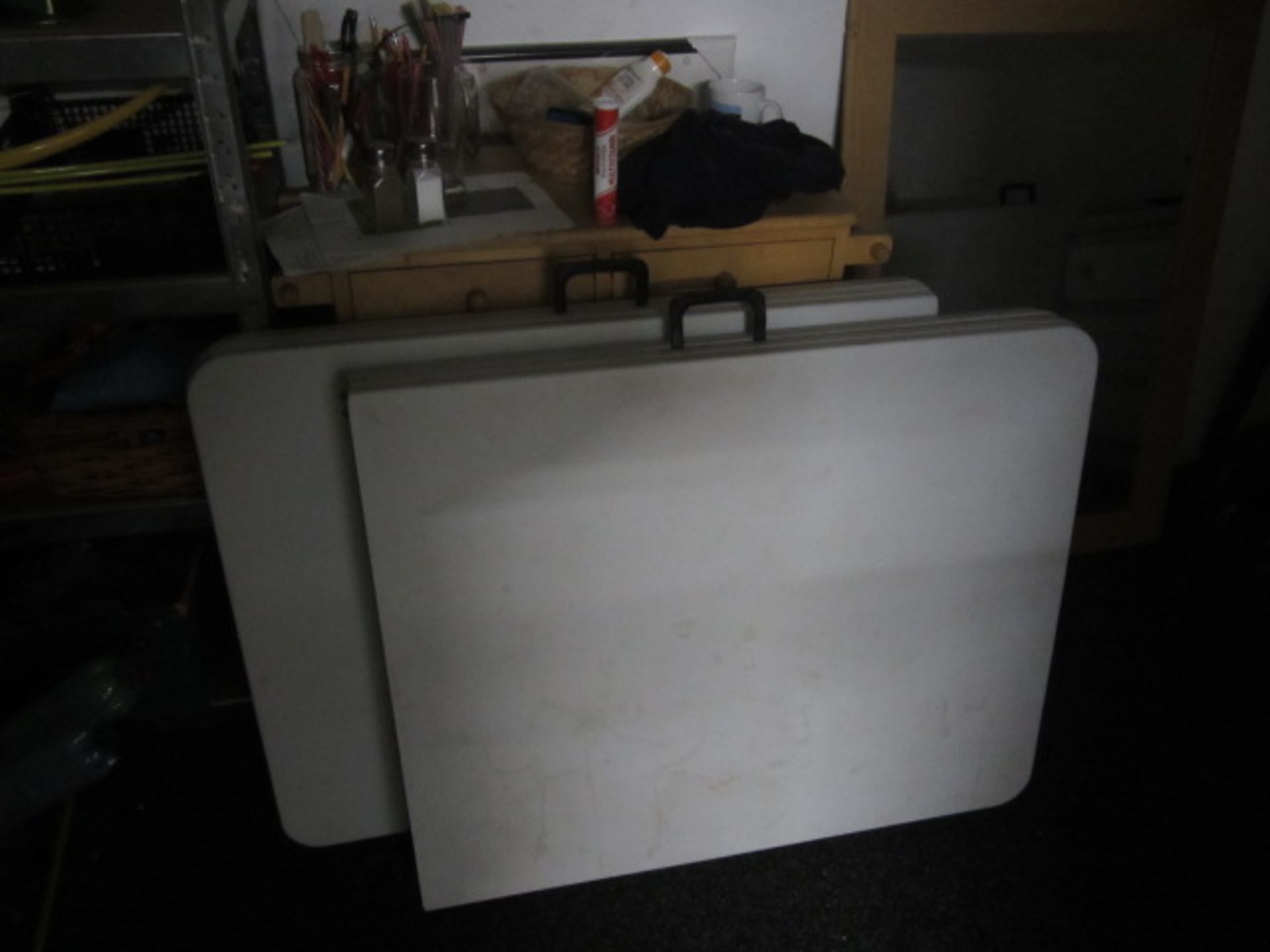 4 x collapsible tables, 2 x aluminium storage racks, games, display boards, etc. - Image 2 of 8