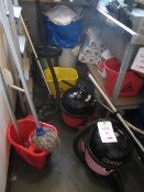 Assorted cleaning equipment to include 2 x numatic vacuum cleaners, bucket, mop, ladder, waste bin