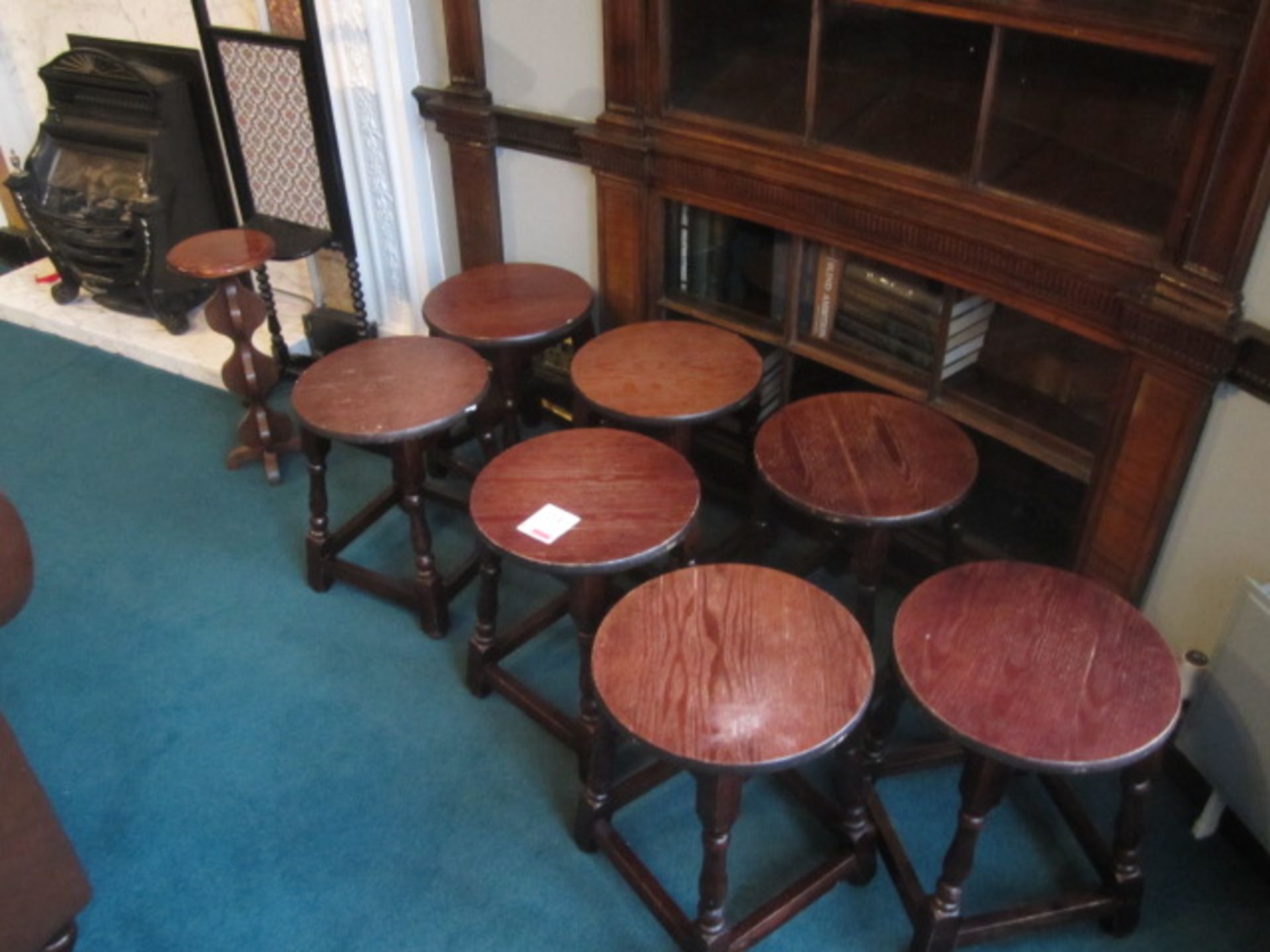 7 x Darkwood stools, 2 x display stands