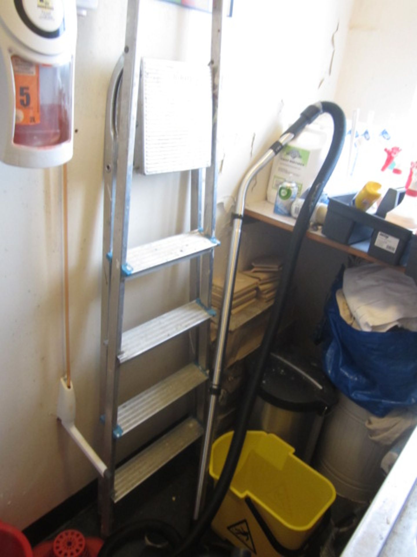 Assorted cleaning equipment to include 2 x numatic vacuum cleaners, bucket, mop, ladder, waste bin - Image 2 of 3