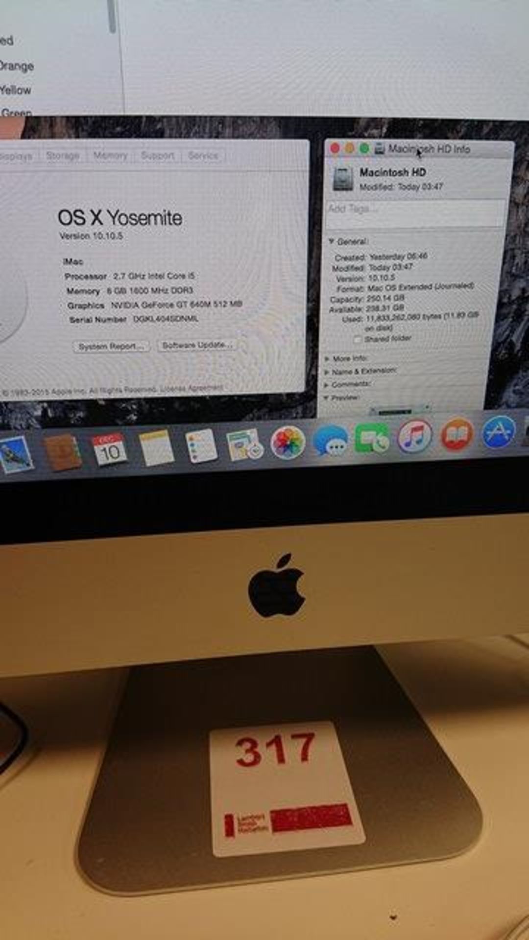 iMac 21.5" 2.7 GHz Intel Core i5 8Gb RAM 250Gb HD PC serial number DGKL404SDNML - Image 2 of 3