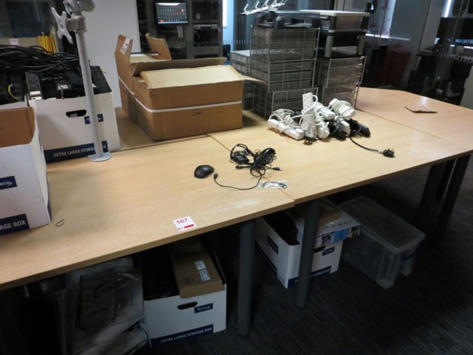 Four light oak desks 1200mm (L) 800mm (W) 730mm (H) c/w end desk