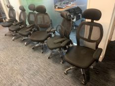 Six black cloth with mesh back swivel & tilt office chairs with chrome legs