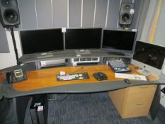 Edit room 2 AKA edit desk 2330mm (L) x 1200mm (W) with side unit 1600mm x 700mm & light oak veneer..