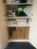 Contents of cupboard to include print cartridges and desk monitor arms/stands as lotted