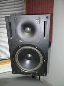 Two Genelec 1031A bi amplified monitor loudspeakers and floor stands